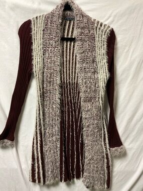 Nina Miranda Maroon Open-Front Cardigan with Cream Fuzzy Trim